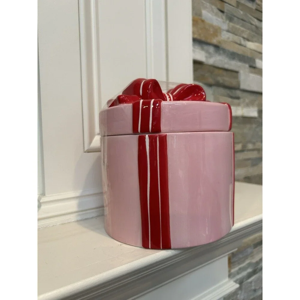 Ashland Berry Jolly Christmas Ceramic Canister With Lid Pink Red Striped 6x6”